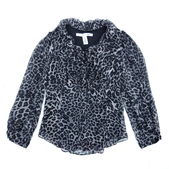 Diane Von Furstenberg Tops - DVF Leopard Print Silk Ruffled Button Up Top